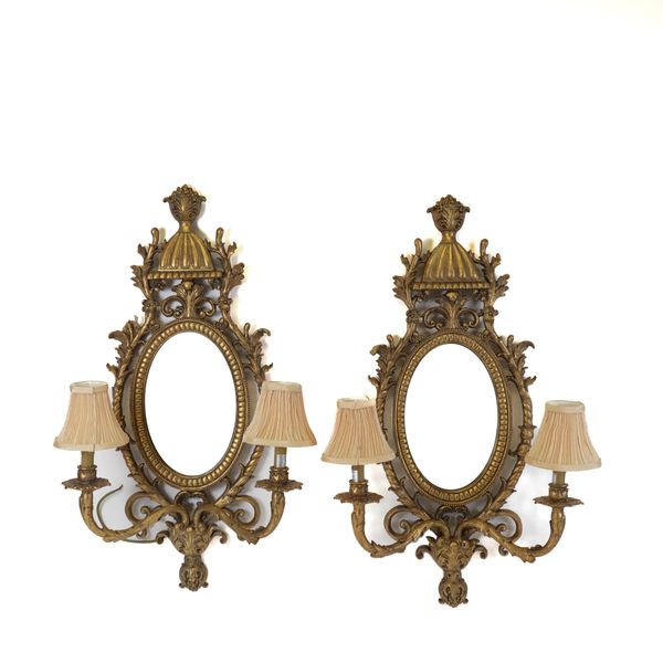 A PAIR OF GILT FRAMED GIRANDOLE TWIN BRANCH WALL MIRRORS (2)