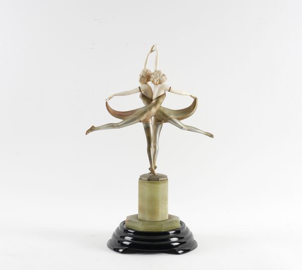 FERDINAND PREISS (1882-1943): AN ART DECO COLD PAINTED BRONZE AND IVORY FIGURES OF 'BUTTERFLY DANCERS'