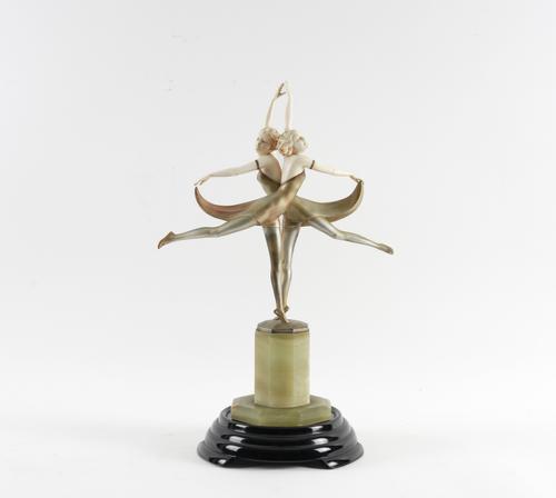 FERDINAND PREISS (1882-1943): AN ART DECO COLD PAINTED BRONZE AND IVORY FIGURES OF 'BUTTERFLY DANCERS'