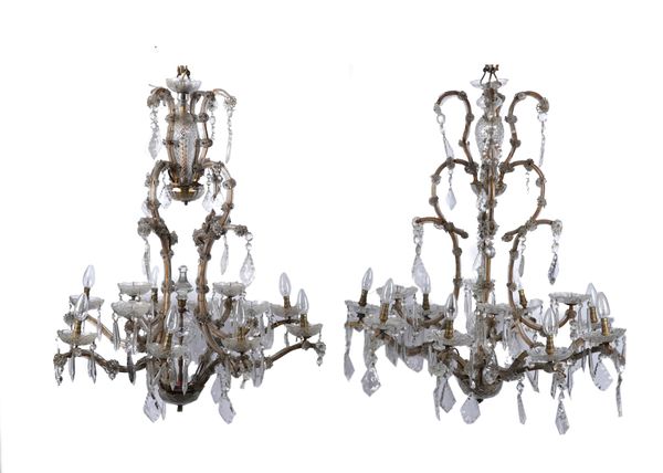 TWO LOUIS XV STYLE GLASS MOUNTED METAL TWELVE LIGHT CHANDELIERS (2)