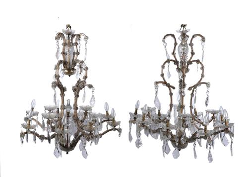 TWO LOUIS XV STYLE GLASS MOUNTED METAL TWELVE LIGHT CHANDELIERS (2)