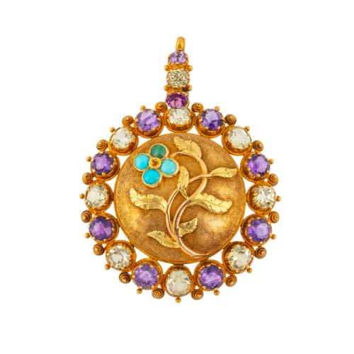 AN ANTIQUE CHRYSOBERYL, AMETHYST AND TURQUOISE FLOWER PENDANT