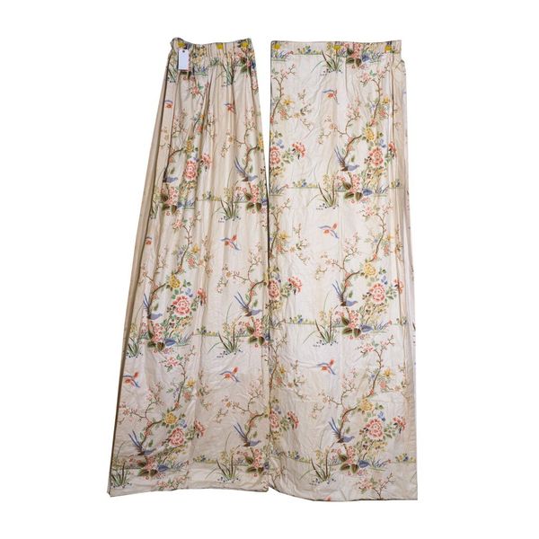 TWO PAIRS OF CREAM CURTAINS DECORATED WITH BIRDS AND FLOWERS (8)