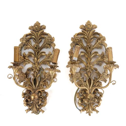 A PAIR OF GILT COMPOSITE AND TOLE TWIN LIGHT WALL APPLIQUES (2)