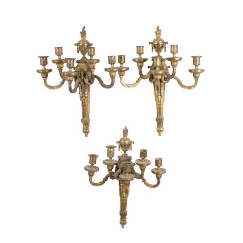 THREE LOUIS XVI NEO-CLASSICAL STYLE GILT-BRONZE FIVE LIGHT WALL APPLIQUES (3)