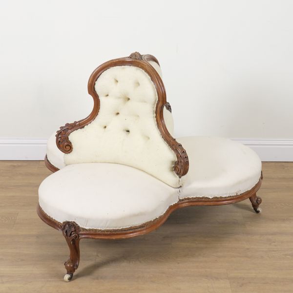 A VICTORIAN WALNUT FRAMED LOVE SEAT/CONVERSATION CHAIR