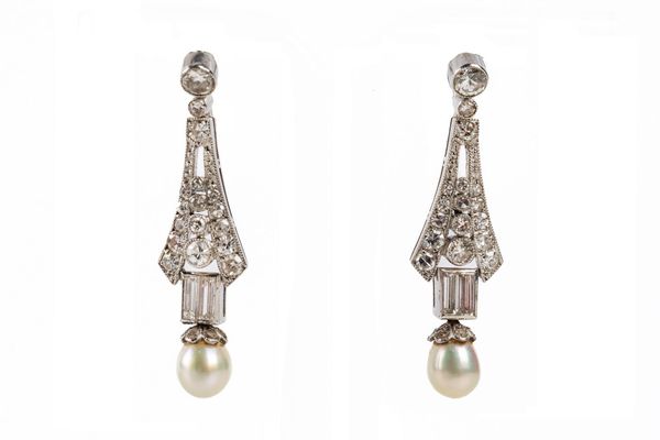 A PAIR OF ART DECO PEARL AND DIAMOND DROP EARRINGS (3)