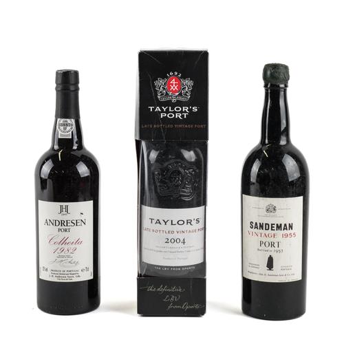 A BOTTLE OF SANDEMAN VINTAGE PORT 1955 AND TWO OTHER BOTTLES (3)