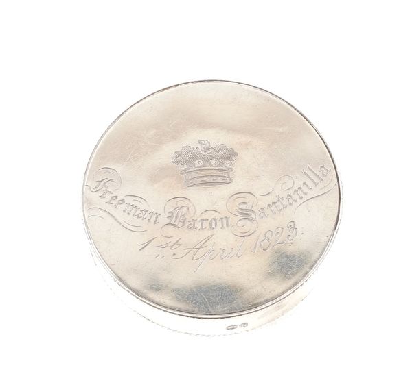 A GEORGE IV SILVER CIRCULAR BOX AND COVER