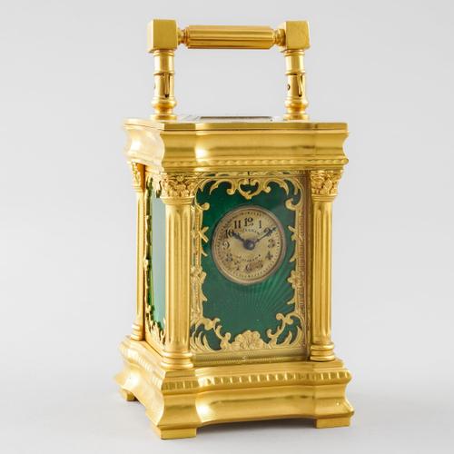 A FRENCH GILT BRASS AND GREEN CHAMPLEVÉ ENAMEL MINIATURE CARRIAGE TIMEPIECE