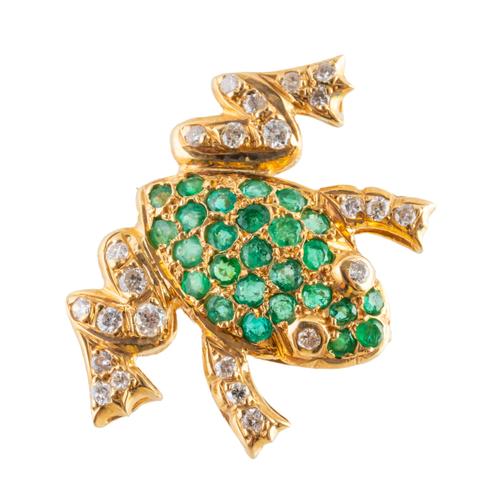 A DIAMOND AND EMERALD FROG BROOCH
