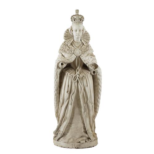 AFTER FREDERICK MANCINI (1905-1990): AN OVERSIZED PLASTER FIGURE OF A QUEEN DATED 1586
