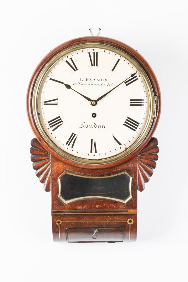 A MAHOGANY AND BRASS INLAID DROP DIAL WALL CLOCK