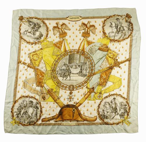 HERMES, PARIS: A NAPOLEON SILK SCARF IN PALE BLUE AND YELLOW