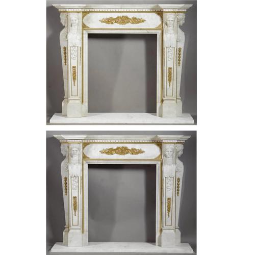 A PAIR OF LOUIS XVI STYLE WHITE MARBLE FIRE PLACES