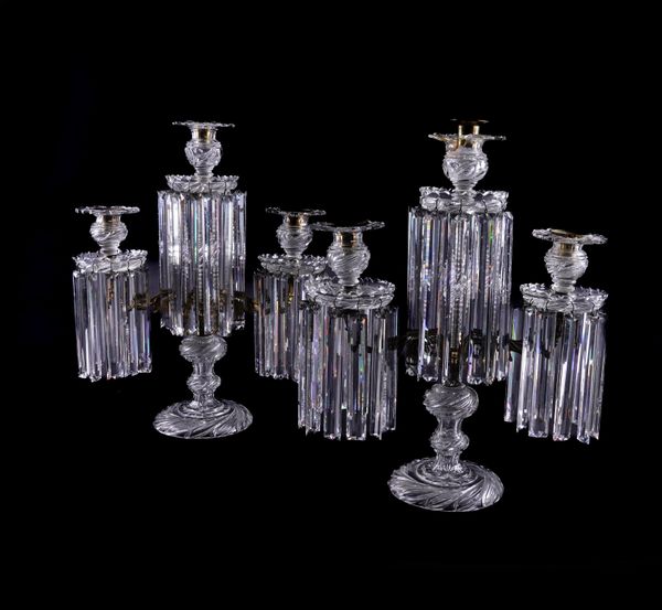 A PAIR OF EARLY VICTORIAN ORMOLU-MOUNTED CUT-GLASS THREE-LIGHT LUSTRE CANDELABRA (2)