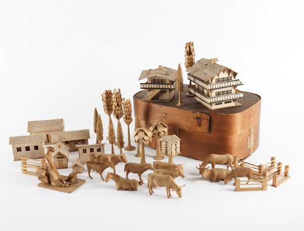 A SOUTH GERMAN CARVED LIME WOOD GROUP OF FARM ANIMALS, BUILDINGS AND VARIOUS TREES WITH A BENTWOOD BOX