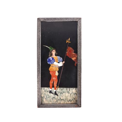 AN ITALIAN INLAID PIETRA DURA MARBLE PANEL DEPICTING A GUARDSMAN