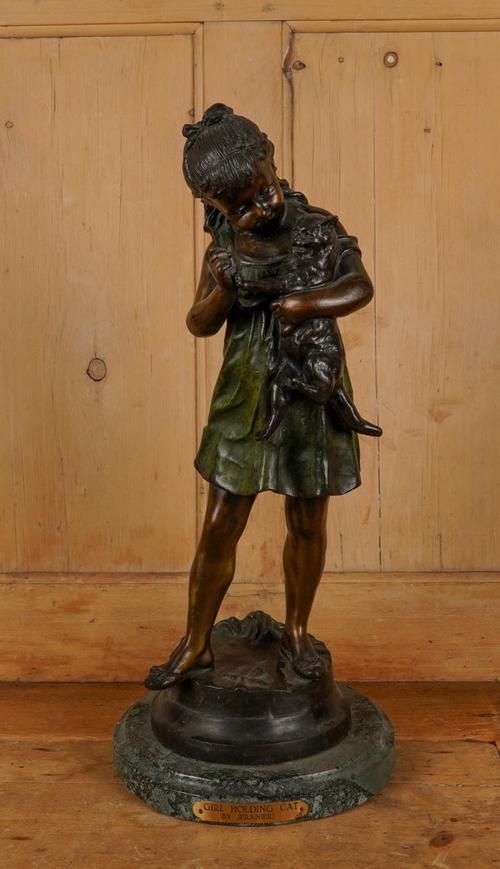AFTER ARISTIDE DE RANIERI (1865-1929): A PATINATED BRONZE FIGURE OF A GIRL WITH A CAT