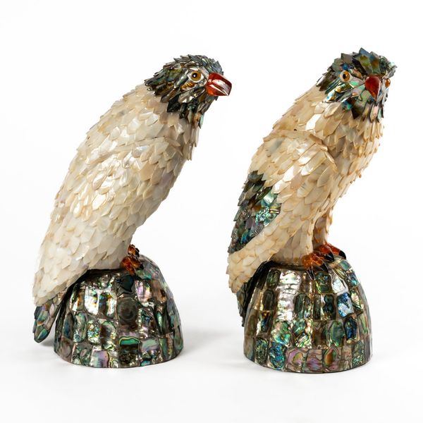 A PAIR OF MOTHER-OF-PEARL AND PRECIOUS STONE BIRDS OF PREY (2)