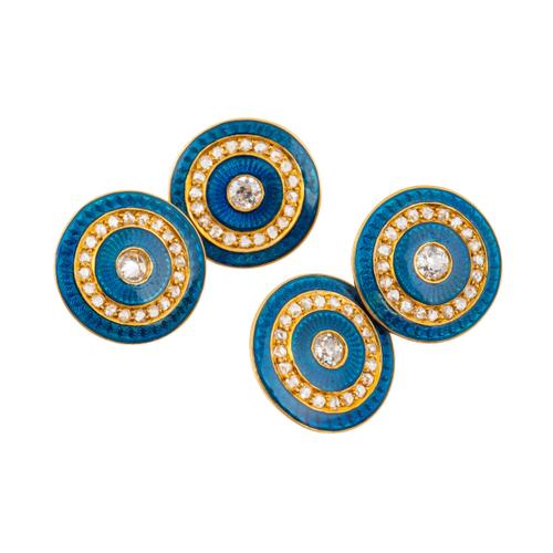 A PAIR OF DIAMOND AND ENAMEL CUFFLINKS
