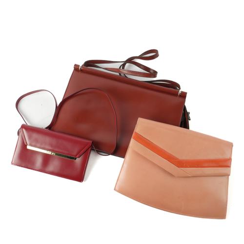 LOEWE: A BROWN LEATHER BAG, A RED CLUTCH AND A PINK CHEVRON CLUTCH (3)