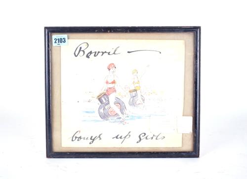 A MID 20TH CENTURY PEN AND WATERCOLOUR PICTURE DEPICTING LADIES RIDING BOVRIL BOTTLES IN THE SEA