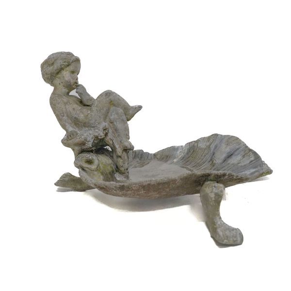 A LEAD CHERUB MOUNTED BIRD BATH