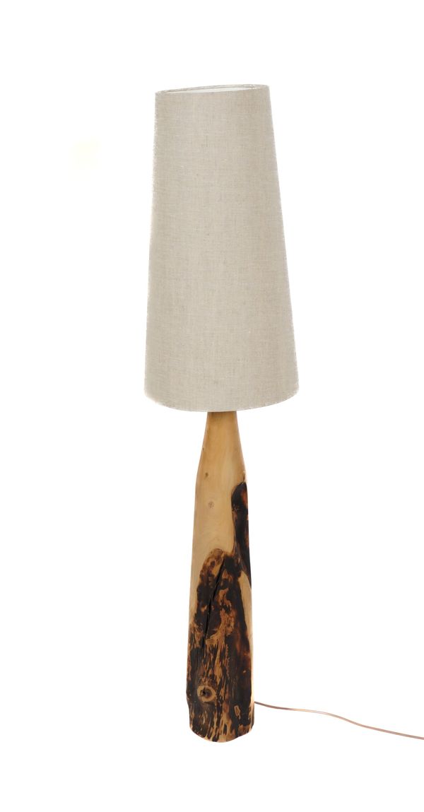 A BURNT WOOD TABLE LAMP