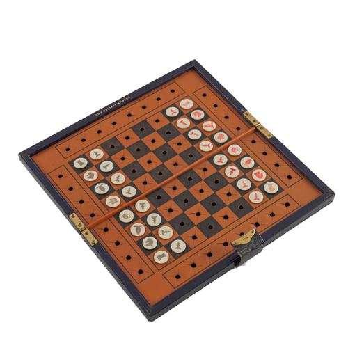 AN EDWARDIAN PATENT TRAVEL LEATHER AND BONE CHESS SET (33)