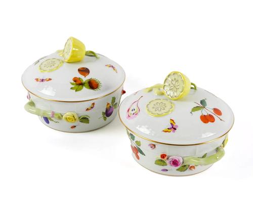 A PAIR OF HEREND `MARKET GARDEN' PATTERN OZIER MOULDED TWO-HANDLED CIRCULAR TUREENS AND COVERS (4)