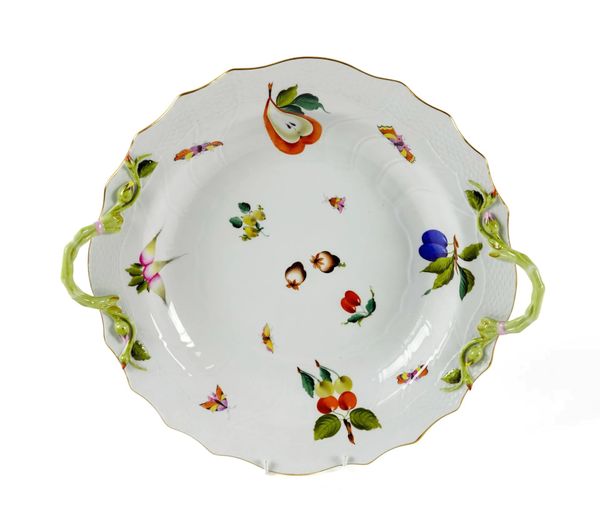 A LARGE HEREND `MARKET GARDEN' PATTERN OZIER MOULDED TWO-HANDLED CIRCULAR DISH OR STAND