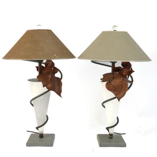 A PAIR OF FROSTED GLASS VERDI GRIS PATINATED METAL AND COPPER TABLE LAMPS (2)