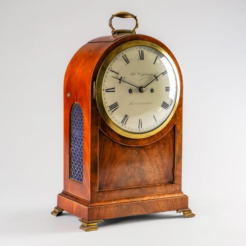 A LATE GEORGE III MAHOGANY AND BOXWOOD-OUTLINED STRIKING AND REPEATING BRACKET CLOCK