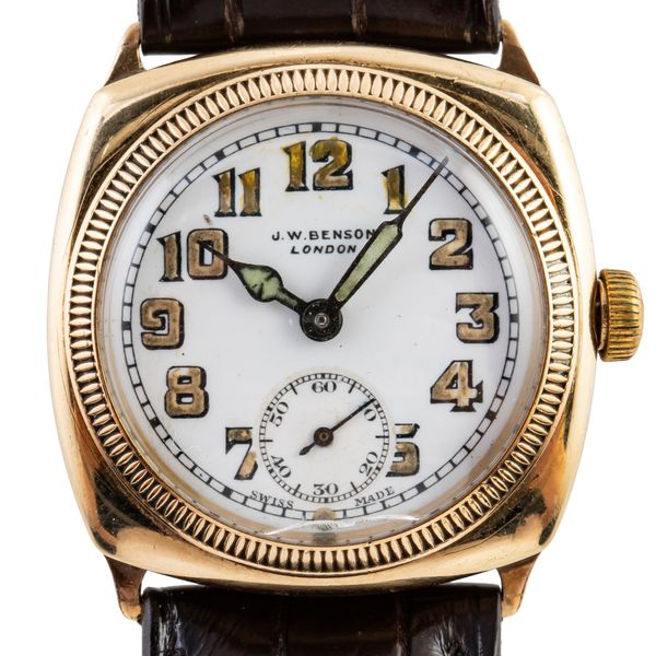 A BENSON 9CT GOLD CUSHION SHAPE WRISTWATCH