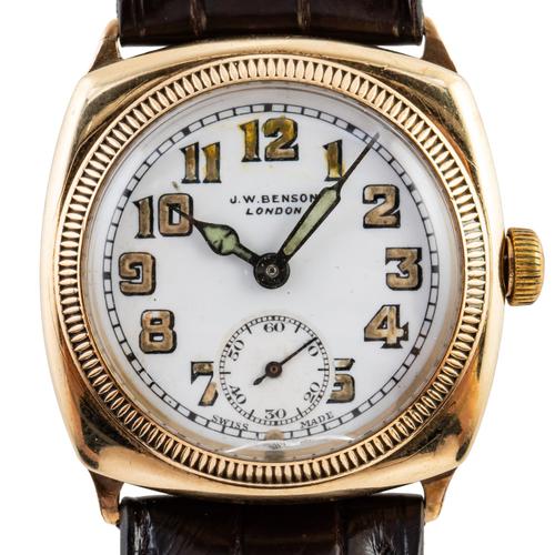 A BENSON 9CT GOLD CUSHION SHAPE WRISTWATCH