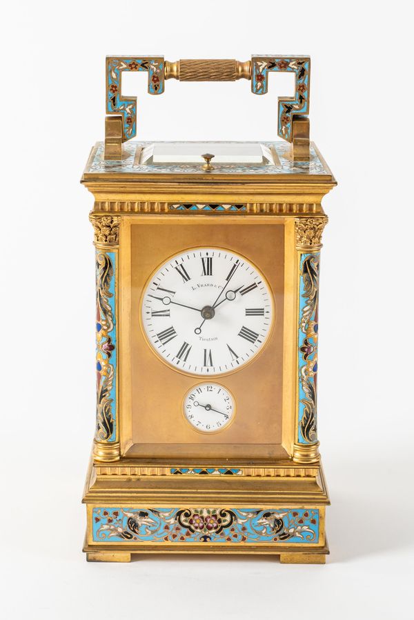 A FINE FRENCH GILT BRASS AND CLOISONNÉ ENAMEL GRANDE SONNERIE STRIKING & REPEATING CARRIAGE CLOCK FOR THE CHINESE MARKET