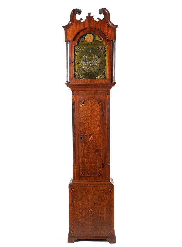 A GEORGE III OAK, OUTLINED AND CONCH SHELL INLAID LONGCASE CLOCK