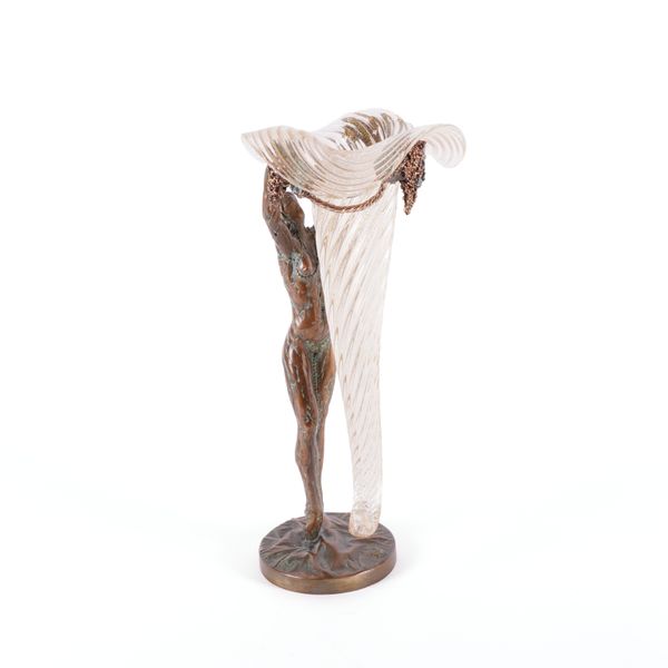 GILBERT KRUFT ( 1939-2015): A FIGURAL BRONZE MOUNTED MURANO GOLD FLECK VASE