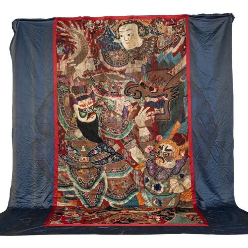 A PAIR OF LARGE CHINESE EMBROIDERED SILK OPERA OR THEATRE WALL HANGINGS (3)