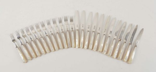 TWELVE SILVER BLADED TEA KNIVES AND TWELVE SILVER PRONGED TEA FORKS (24)