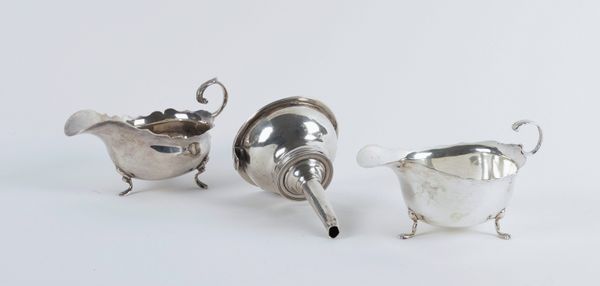 TWO SILVER SAUCE BOATS AND A SILVER WINE FUNNEL (3)