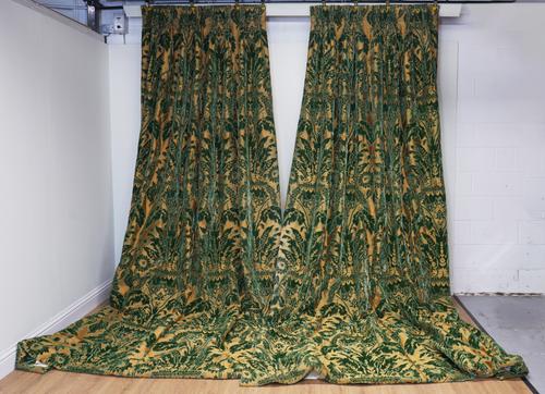 THREE PAIRS OF GREEN VELVET DAMASK CURTAINS (6)