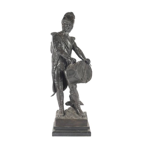 AFTER ETIENNE-HENRY DUMAIGE: A PATINATED BRONZE FIGURE OF A DRUMMER