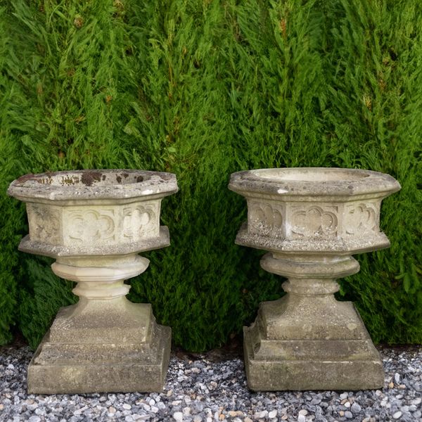 PROBABLY HADDON STONE; A PAIR OF RECONSTITUTED STONE GOTHIC REVIVAL OCTAGONAL JARDINIERES (2)