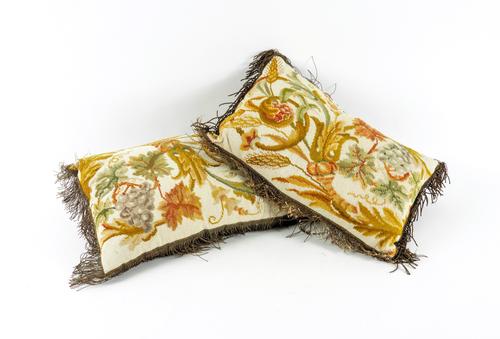 A PAIR OF FRENCH NEEDLEWORK AND SILK CUSHIONS (2)