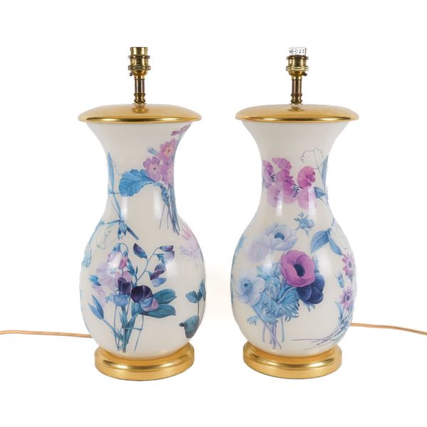 A PAIR OF FLORAL DECALCOMANIA TABLE LAMPS AND A ROYAL COPENHAGEN TABLE LAMP (3)