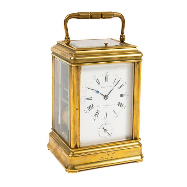 A FRENCH BRASS GORGE CASE PETITE SONNERIE REPEATING CARRIAGE CLOCK