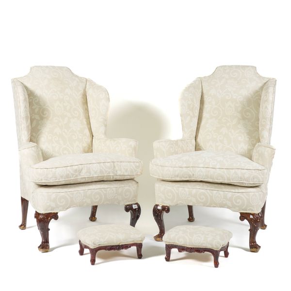 A PAIR OF GEORGE I STYLE WINGBACK ARMCHAIRS (4)