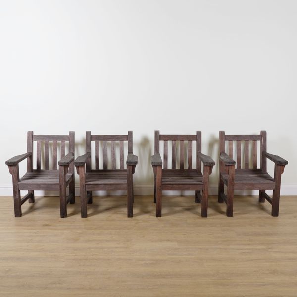 BARLOW TYRIE; A SET OF FOUR SLATTED HARDWOOD GARDEN ARMCHAIRS (4)